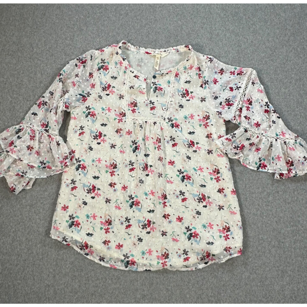 Matilda Jane Whats Up Buttercup Blouse Size X-Small Floral Swiss Dot Ruffle